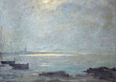 Paysage de bord de mer, l'église dans la brume