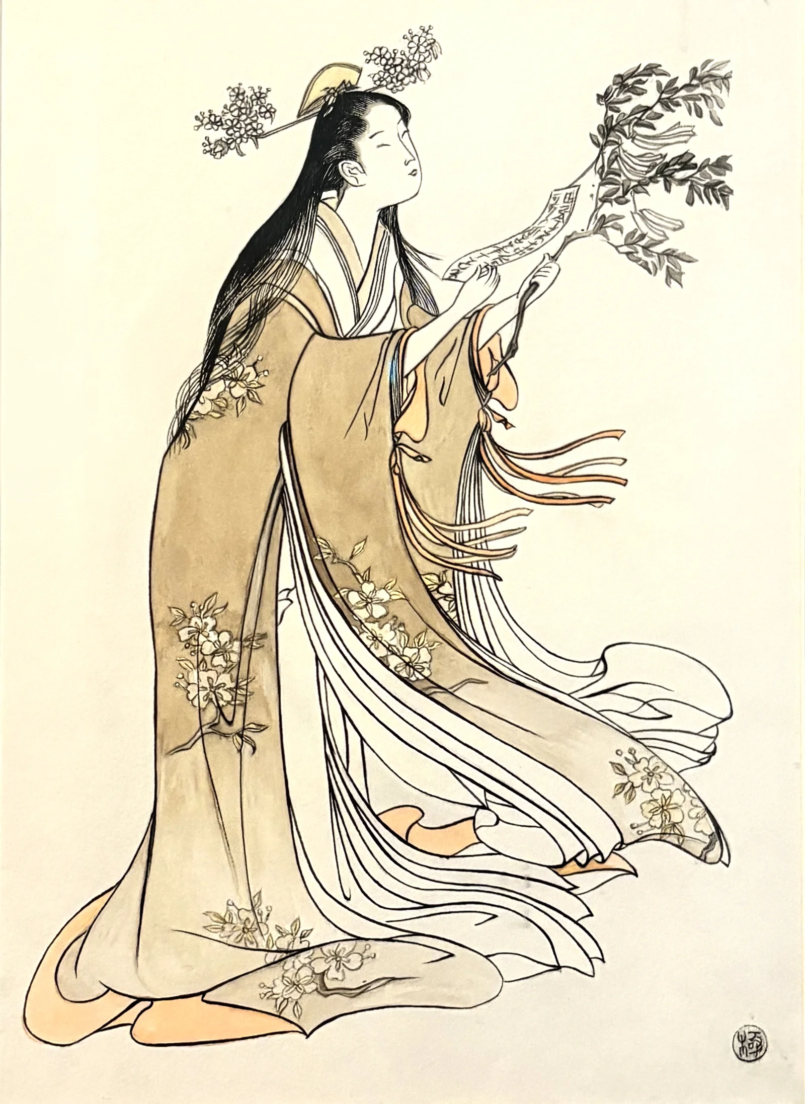 La poêtesse Onono Komachi, japonaise agitant un rameau, d'après une estampe d'Eishi Chôbunsai, 1797