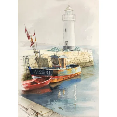 Le bateau de pêche, le phare, le port