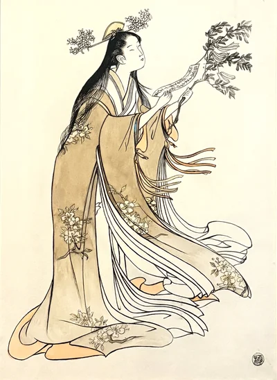 La poêtesse Onono Komachi, japonaise agitant un rameau, d'après une estampe d'Eishi Chôbunsai, 1797