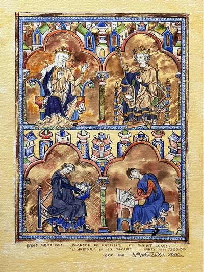 Bible moralisée, Blanche de Castille et Saint-Louis, l'auteur et son scribe, paris vers 1220