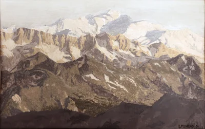 Le Mont-Blanc derrière les Aiguilles rouges, la vallée de Chamonix entre les deux