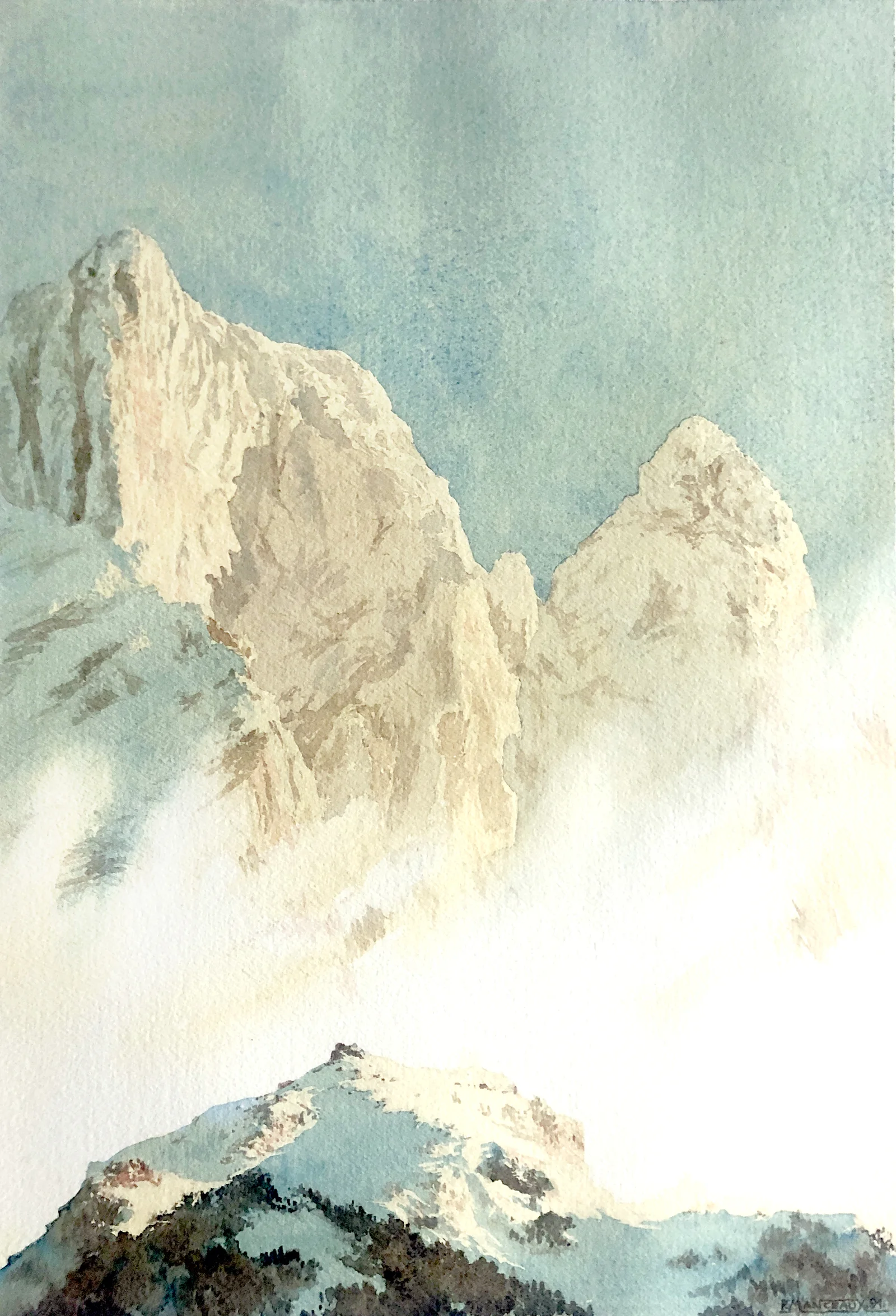 Les Pyrénées au dessus des nuages en bleu ciel