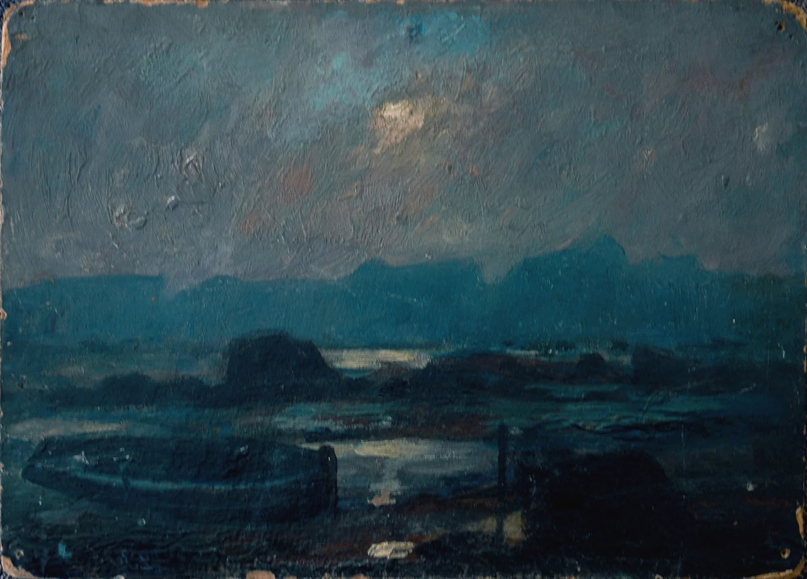 Barques sur l'estran la nuit