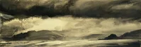 Soir sur la baie de Gouermel, promeneurs, à Plougrescant, série des lavis n&b