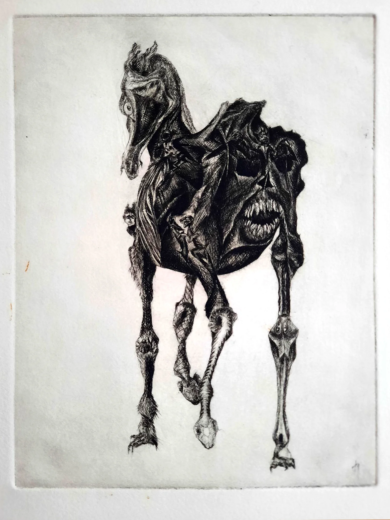 Le cheval fantastique, burin sur cuivre, première étape