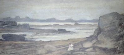 Bretagne, Ploumanach en juillet, femme à la robe blanche