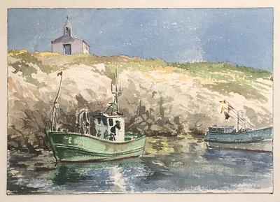 Chapelle et bateaux de pêche