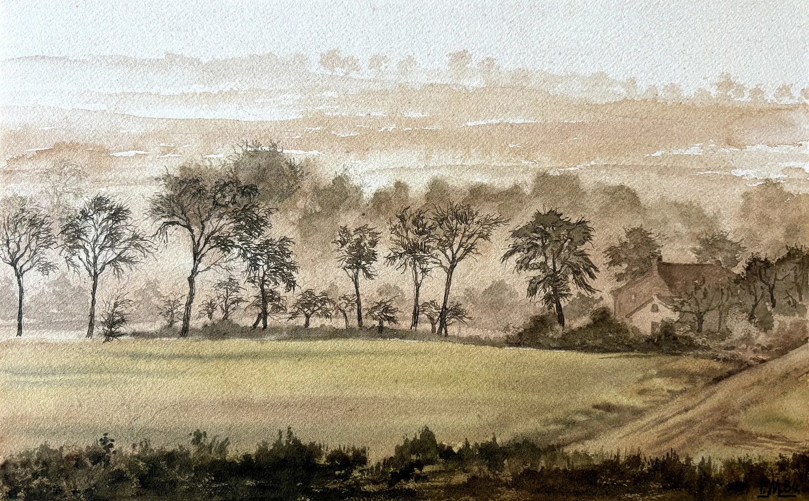 Campagne dans la brume, en hiver, peut-être en Poitou