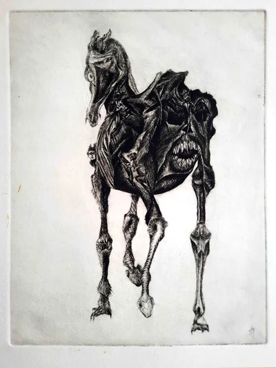 Le cheval fantastique, burin sur cuivre, première étape