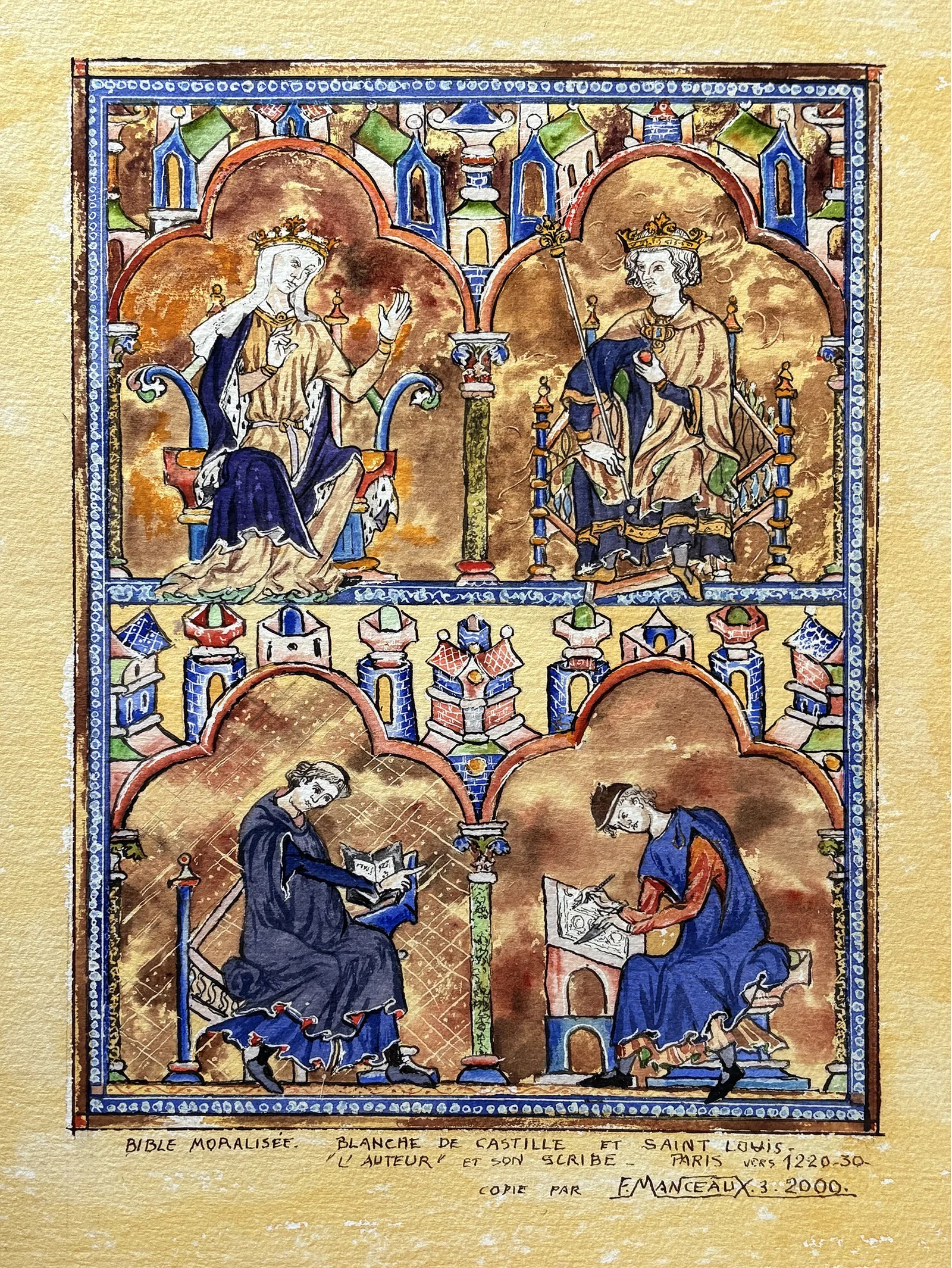 Bible moralisée, Blanche de Castille et Saint-Louis, l'auteur et son scribe, paris vers 1220