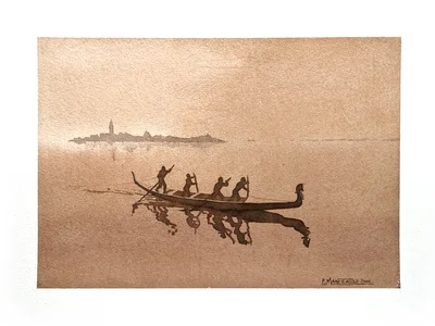 Quatre gondoliers ramant devant Venise au loin