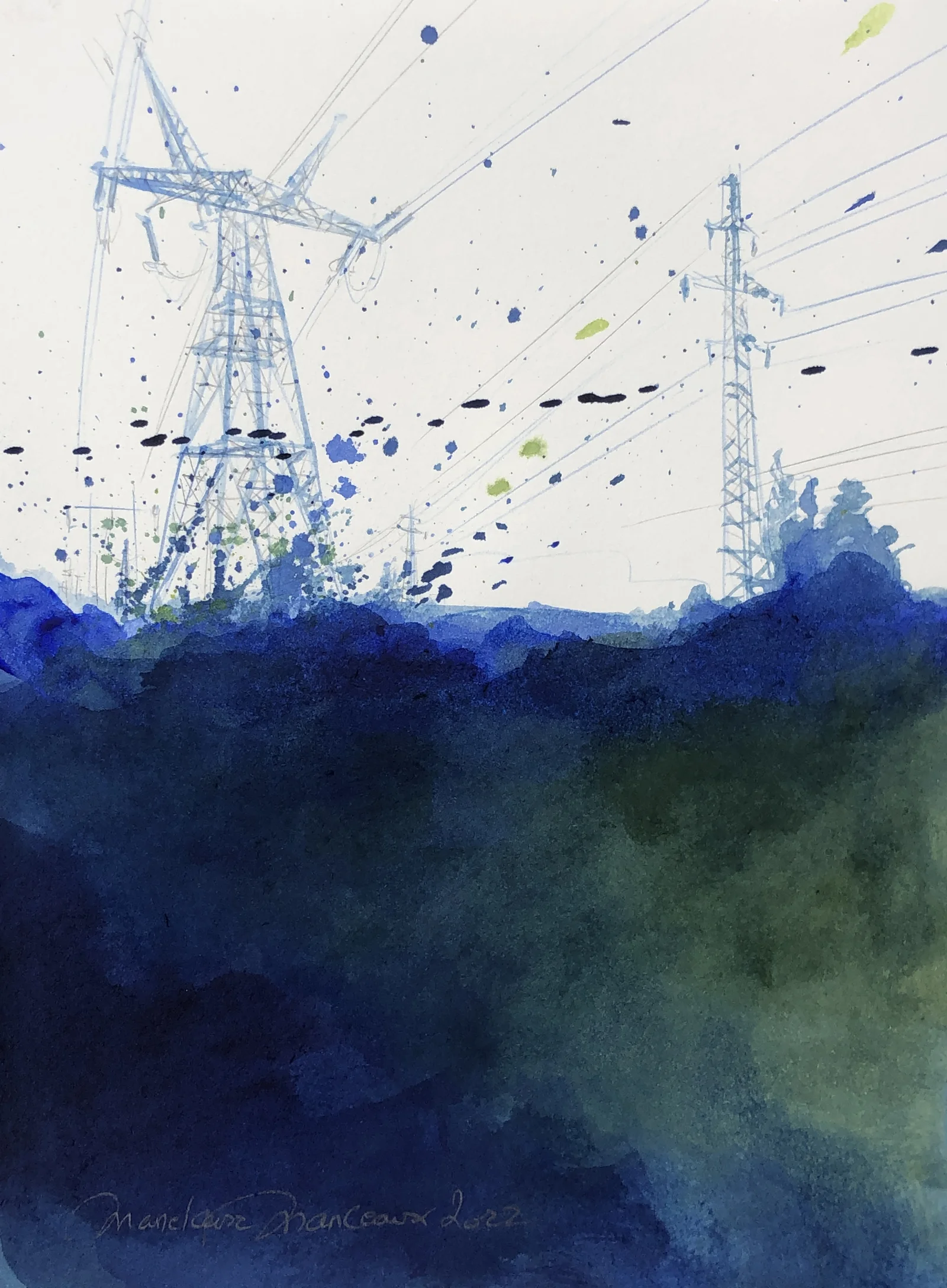 Les pylones à Palaiseau, série objets et paysages industriels en bleu