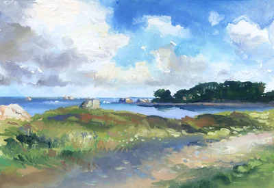 Le Raluzet à Plougrescant, et série des petites gouaches de bord de mer, dans les Côtes d'Armor