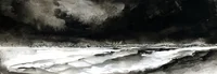 Soir sur la baie de Gouermel, promeneurs, à Plougrescant, série des lavis n&b